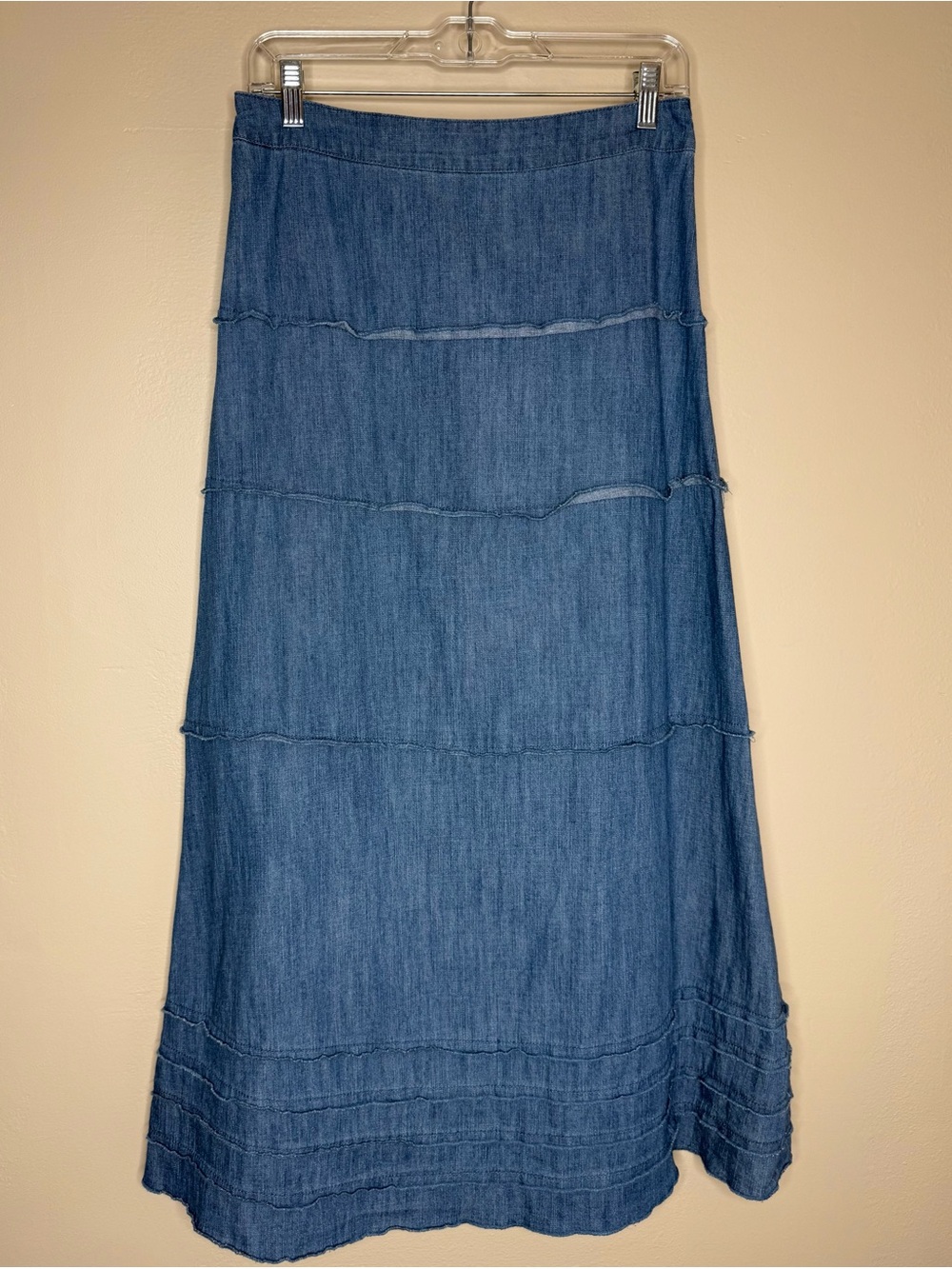 D&Co Light Blue Tiered Maxi Skirt Denim Elastic Waist Size XS